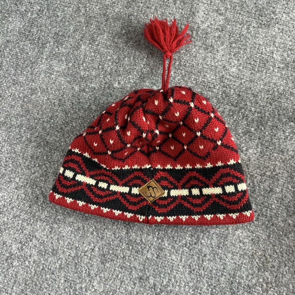 Vintage Y2K Merkley Headgear Earflap Beanie Red Wool Fair Isle Tassel Winter